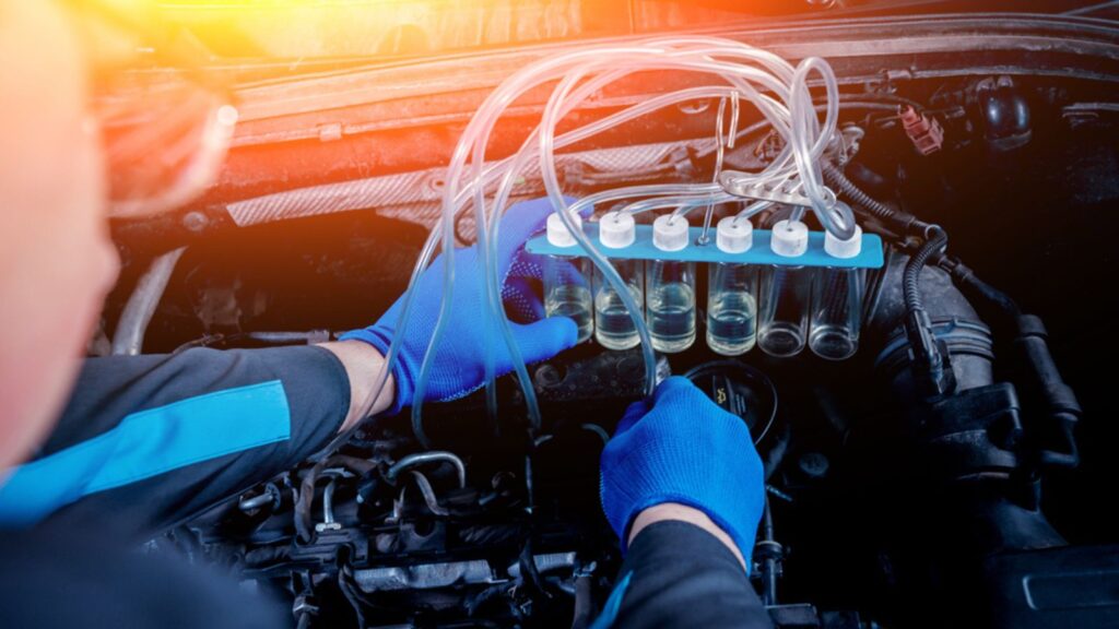 Cleaning engine injectors. Car repair. Service station.
