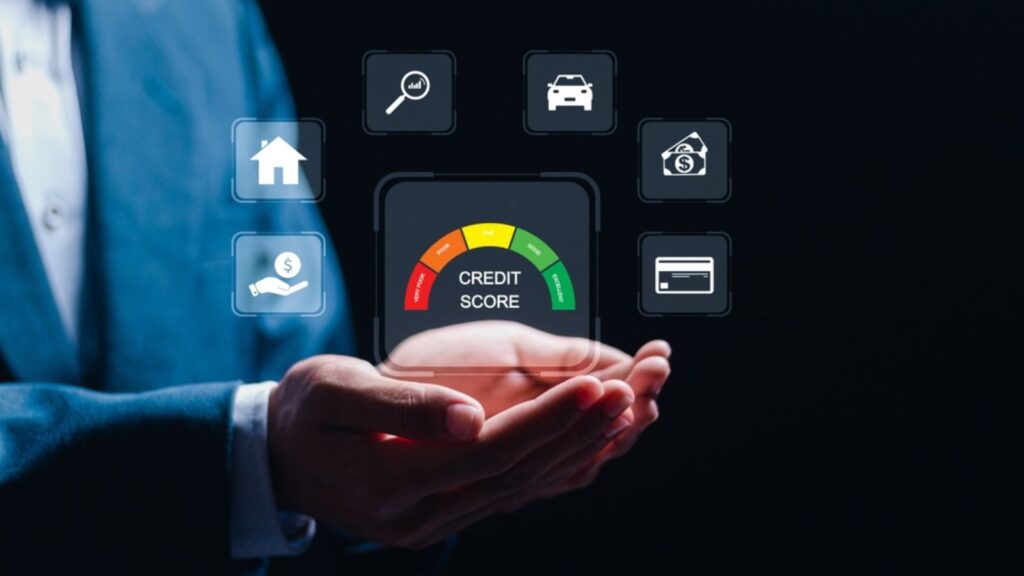 Credit score concept businessman holding virtual screen of credit score icon for chart with credit history values