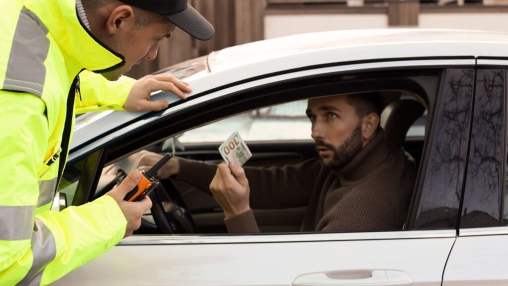 Man giving bribe to police officer out of car window outdoors