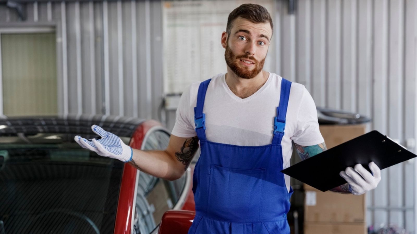Mechanic looking puzzled work in modern vehicle repair shop workshop indoors