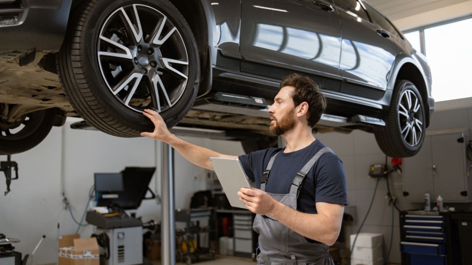 Mechanic using tablet while inspecting car on lift in workshop
