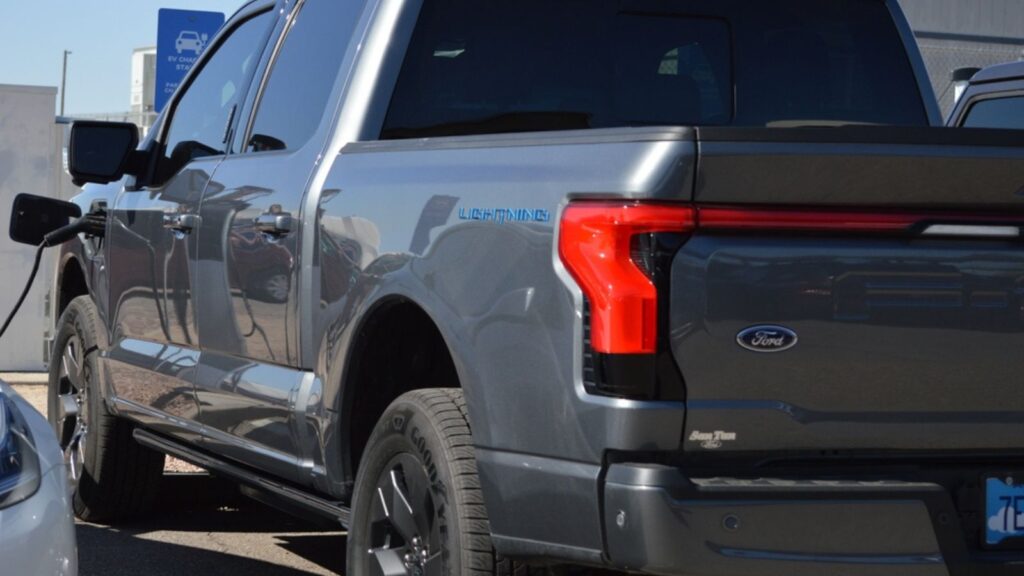 Ford Lightning Electric truck parked at a chargepoint charging station