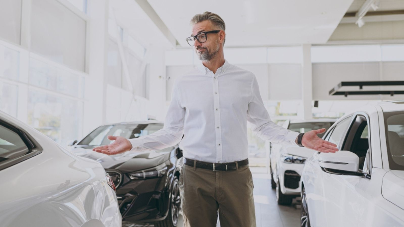 Man choose auto want to buy new automobile in showroom vehicle salon dealership store motor show