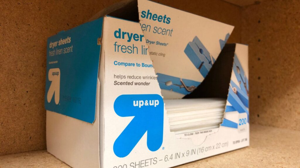 Open box of fresh linen scent dryer sheets