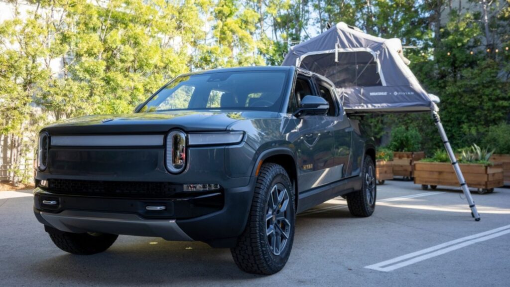 Rivian R1T electric truck with a Yakima rooftop tent