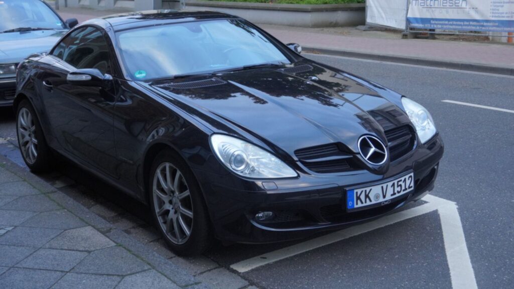 Black Mercedes-Benz SLK-Class (R171) parks in Kempen. Production 2004-2011