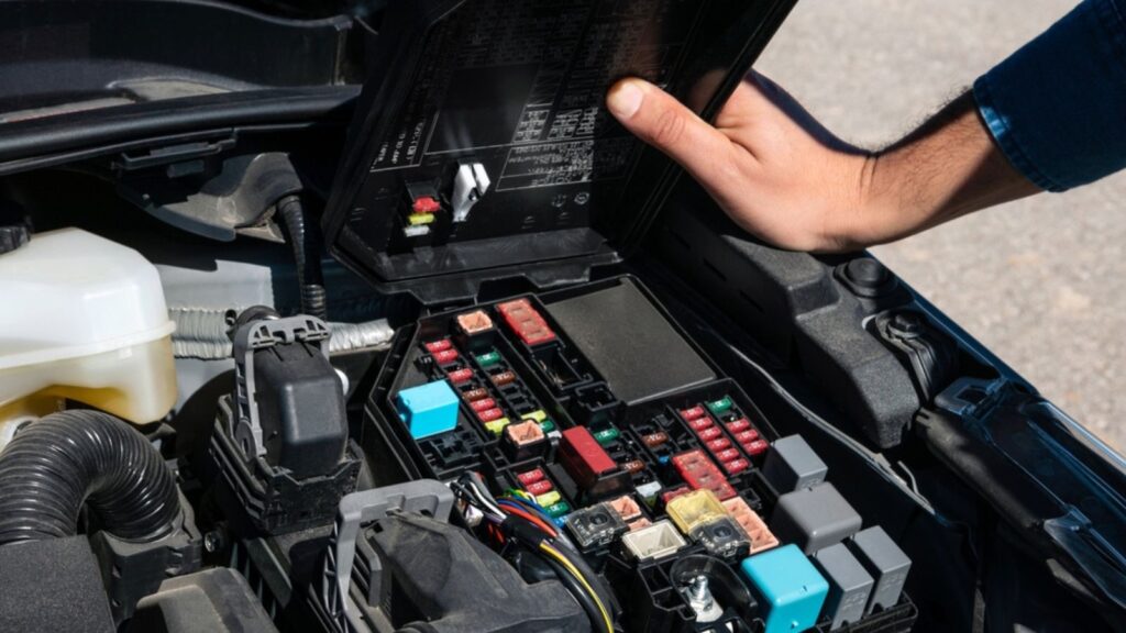 Close up of male hand check a car fuse box