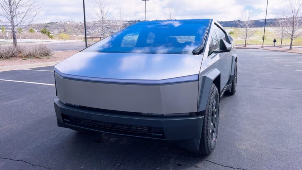 angular front design of a Tesla Cybertruck