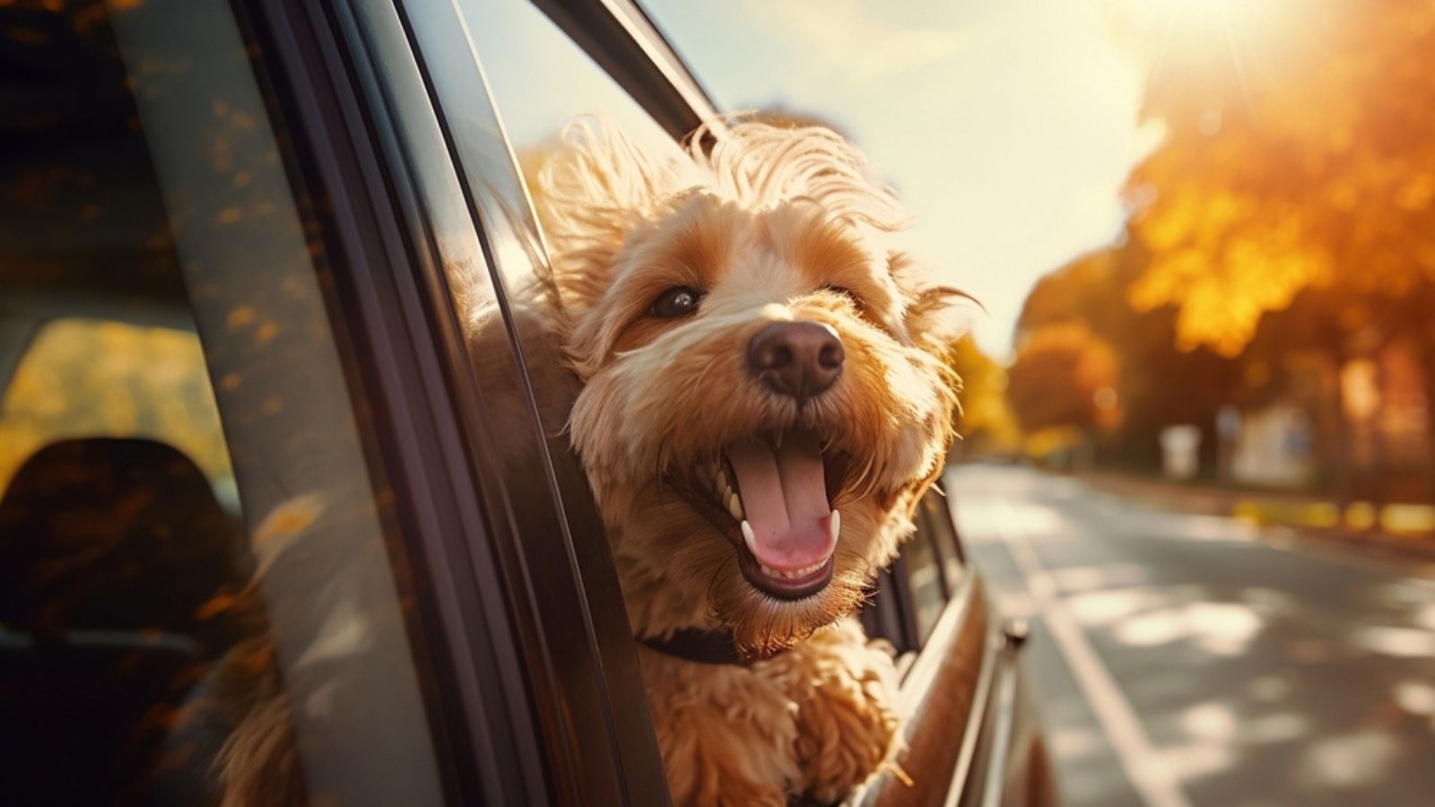 happy dog __in the car window with the wind
