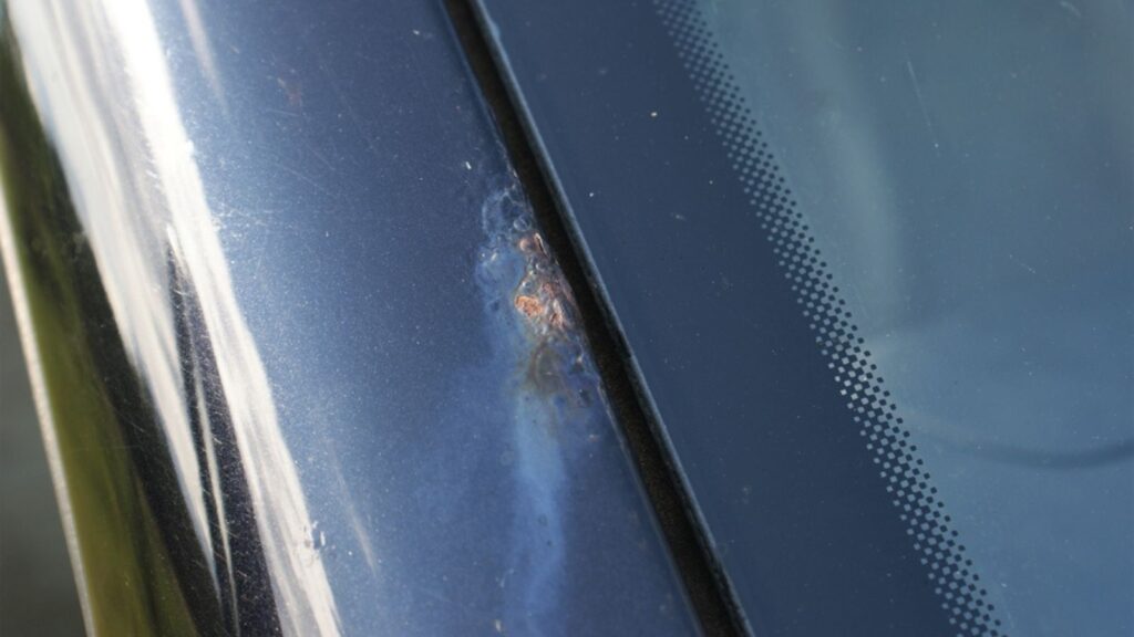 A rust spot on a black car